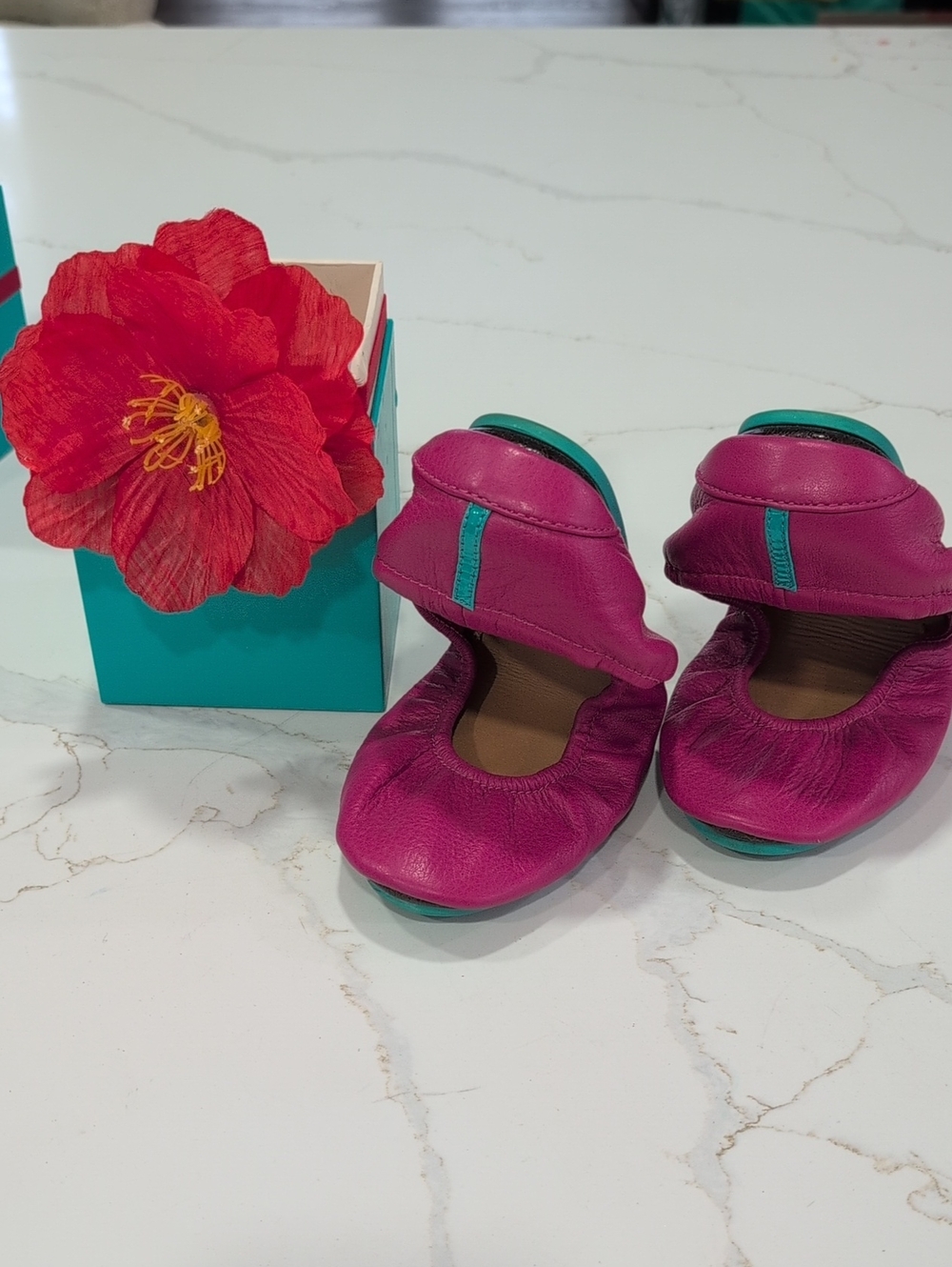 Tieks Foldable Ballet Flats in Fuchsia with Teal Trim